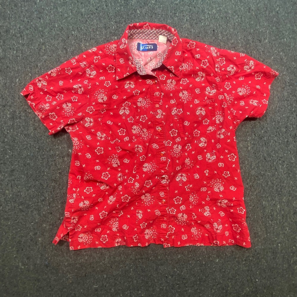 Wrangler Blues Western Men M Red Bandana Horseshoe Print Pearl Snap Shirt Short